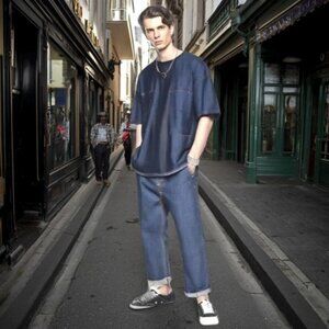 Makaveli Dark Medium Wash Military Inspired Insignia Jeans, Size 40/32